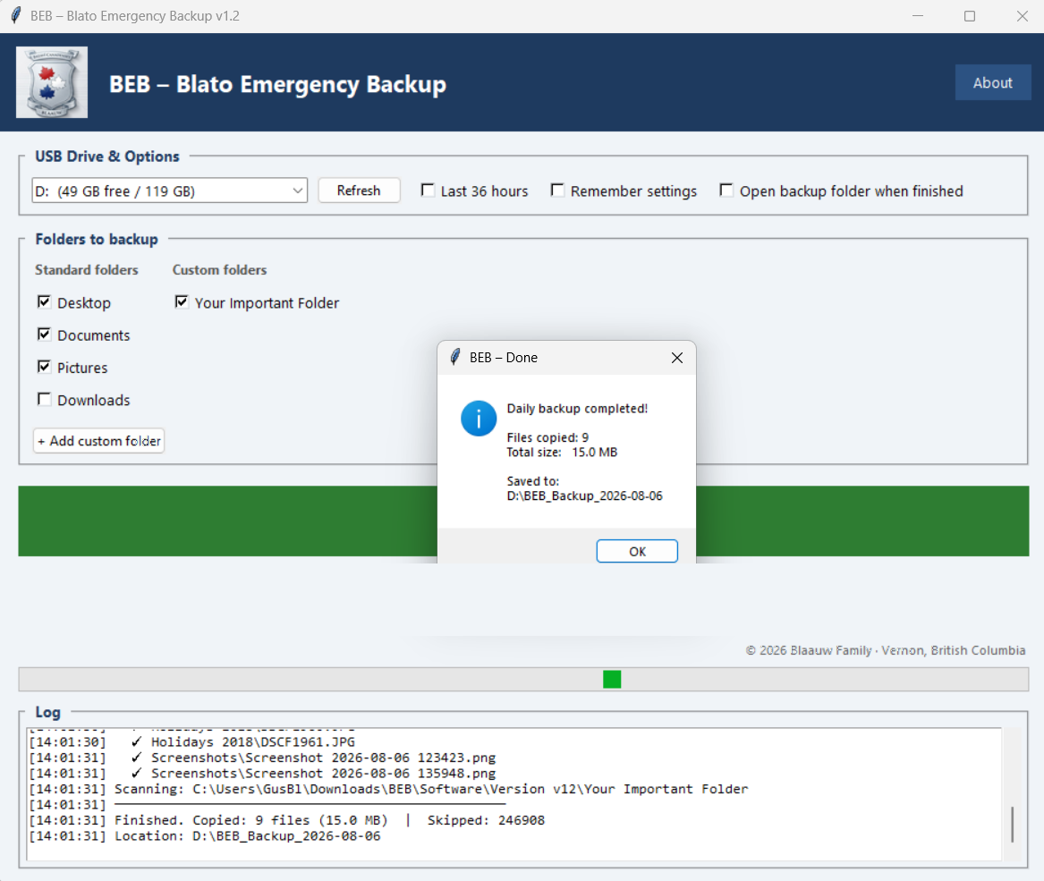 BEB – Blato Emergency Backup software window showing a completed daily backup